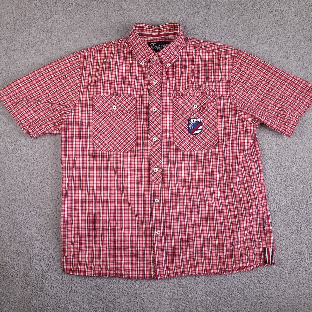 Eight 732 Shirt Men's XXL Red Plaid Button Down Short Sleeve With Pockets